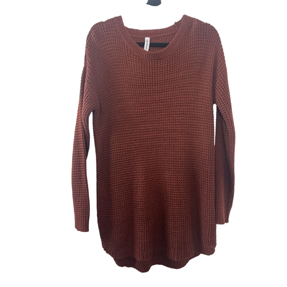 Zenana Premium Womens‎ Waffle Knit Tunic Sweater Rust Brown Crew Neck Large